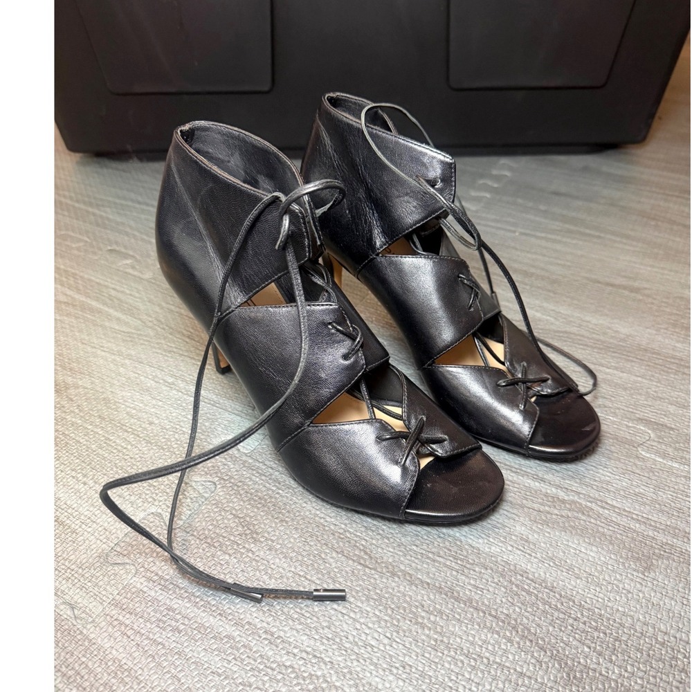 Via Spiga Black Leather Lace Up Open Toe Shootie Heels Womens 7M Italy Ghillie